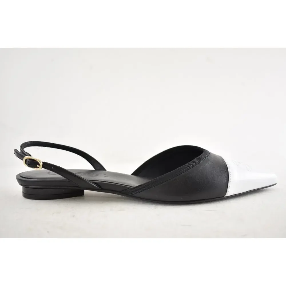 Chanel 26P Black White Pointed Toe CC Logo Slingback Ballet Ballerina Flat 38.5